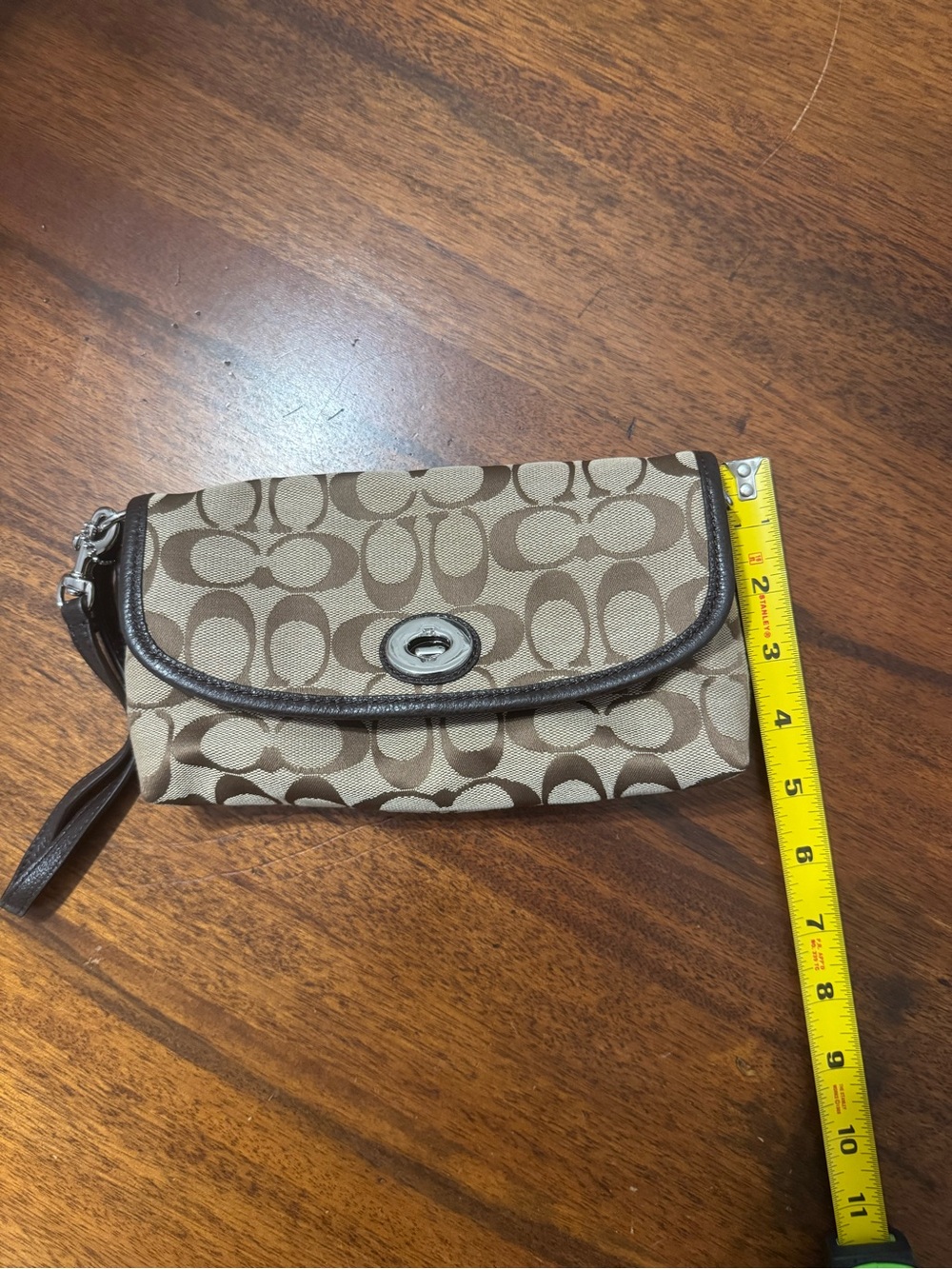 Coach Brown Signature Canvas Wristlet with Leather Trim